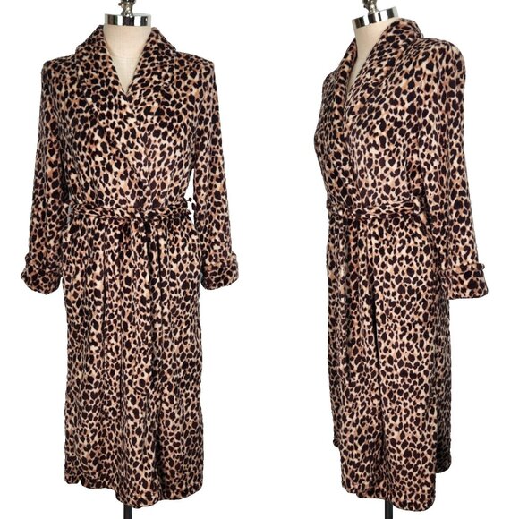 Jones New York NWOT Leopard Robe Womens S/M Brown Beige Belted Fluffy Warm - Picture 1 of 8